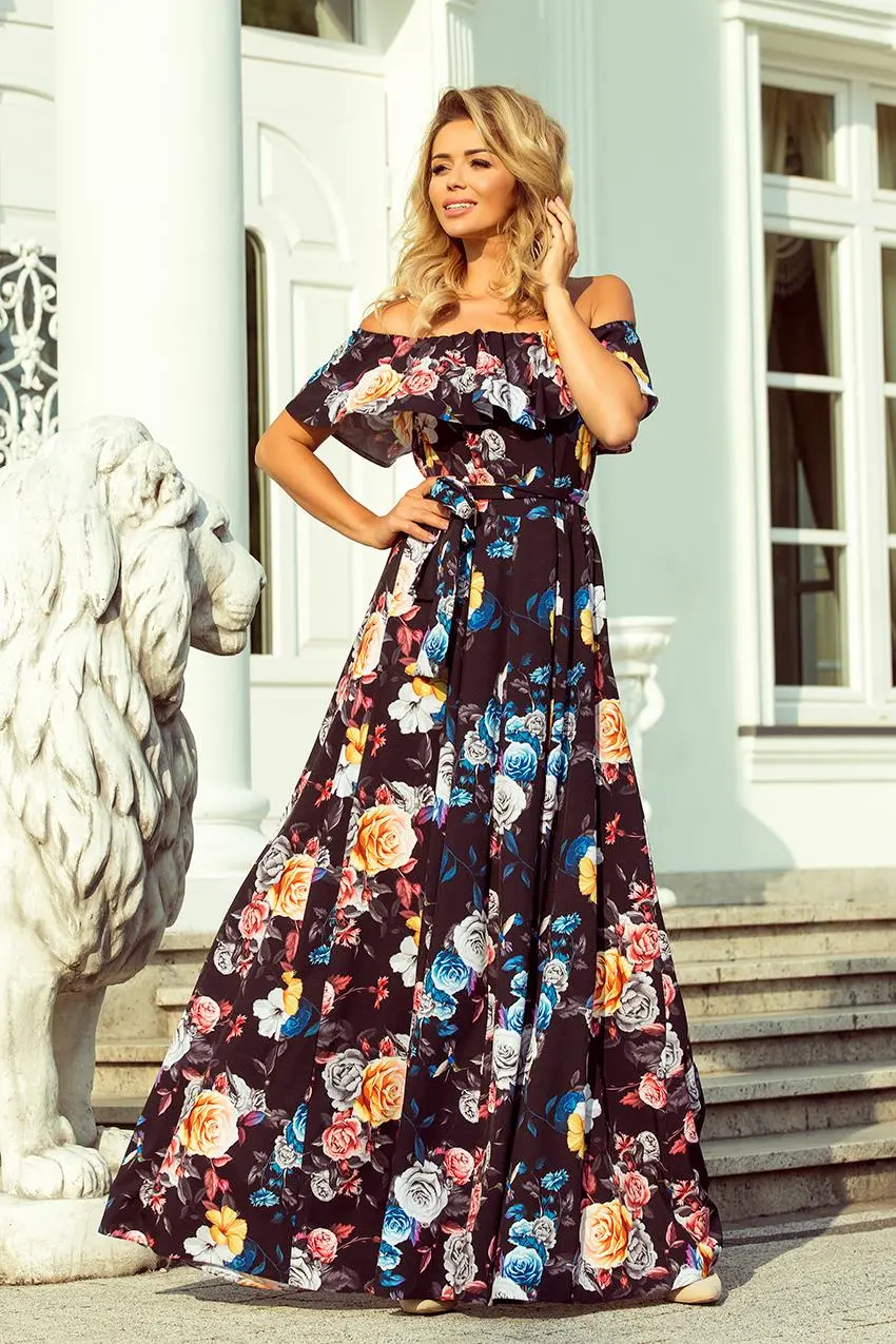 Sukienka Maxi w Stylu Hiszpańskim Czarna w Kolorowe Kwiaty